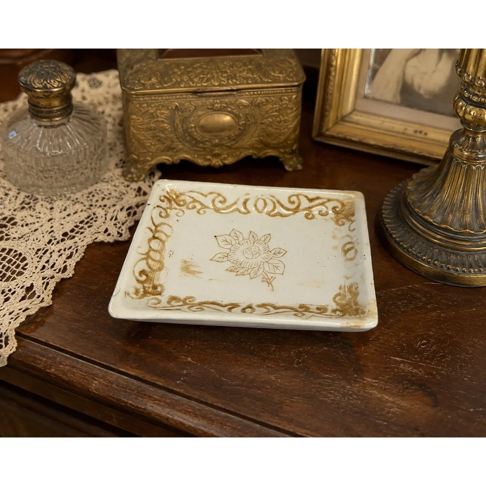 Vintage Made in Japan Ceramic Trinket Dish Brown Rose Floral Jewelry Tray Cream